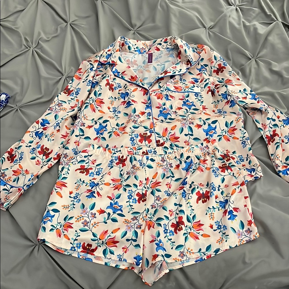 Floral Satin Pajama Set - Cream with Multicolor Floral Print